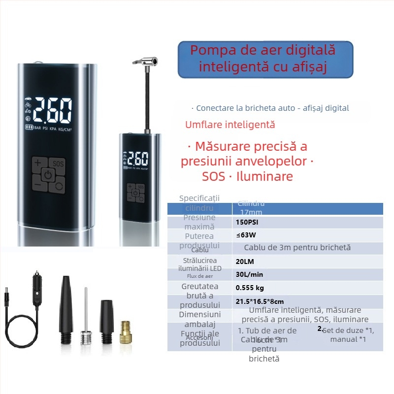 Pompa de aer inteligentă, fără fir, pentru mașină, cu afișaj digital și pornire-oprire automată, pentru mașină și motocicletă, 7.4–12V, 120W, cablu de 3 m, debit de aer 25 L/min