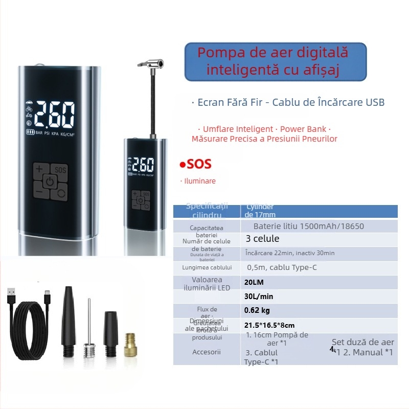 Pompa de aer inteligentă, fără fir, pentru mașină, cu afișaj digital și pornire-oprire automată, pentru mașină și motocicletă, 7.4–12V, 120W, cablu de 3 m, debit de aer 25 L/min