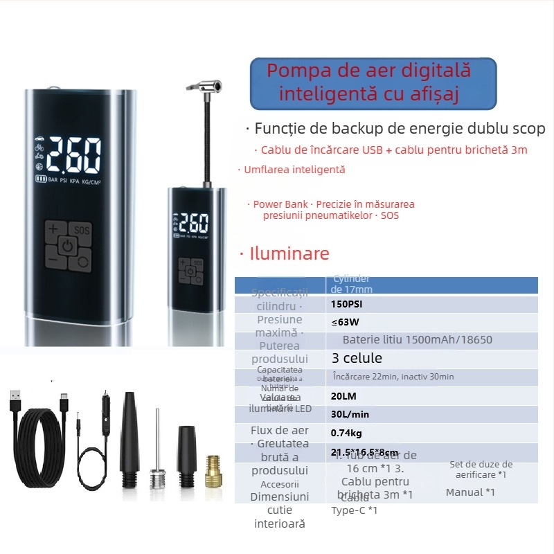 Pompa de aer inteligentă, fără fir, pentru mașină, cu afișaj digital și pornire-oprire automată, pentru mașină și motocicletă, 7.4–12V, 120W, cablu de 3 m, debit de aer 25 L/min