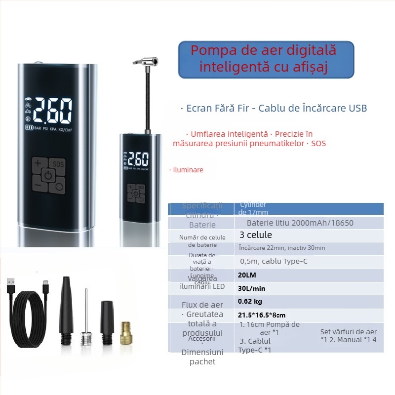 Pompa de aer inteligentă, fără fir, pentru mașină, cu afișaj digital și pornire-oprire automată, pentru mașină și motocicletă, 7.4–12V, 120W, cablu de 3 m, debit de aer 25 L/min