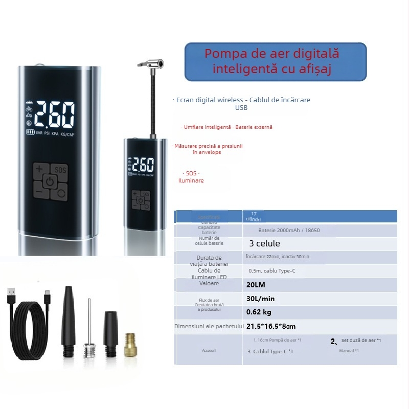 Pompa de aer inteligentă, fără fir, pentru mașină, cu afișaj digital și pornire-oprire automată, pentru mașină și motocicletă, 7.4–12V, 120W, cablu de 3 m, debit de aer 25 L/min