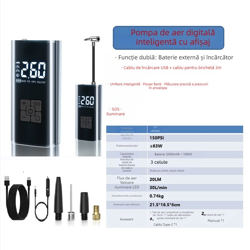 Pompa de aer inteligentă, fără fir, pentru mașină, cu afișaj digital și pornire-oprire automată, pentru mașină și motocicletă, 7.4–12V, 120W, cablu de 3 m, debit de aer 25 L/min