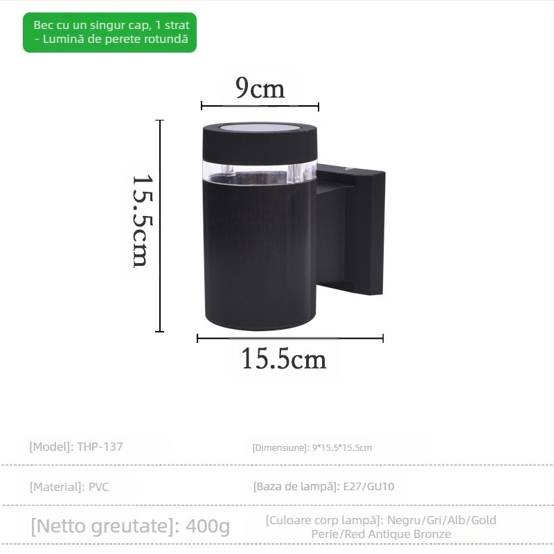 Lampă de perete exterior din plastic, protecție IP55, 2 LED, alimentare 110-220V