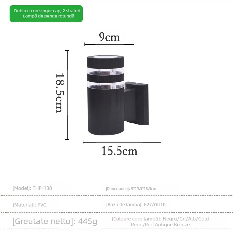 Lampă de perete exterior din plastic, protecție IP55, 2 LED, alimentare 110-220V