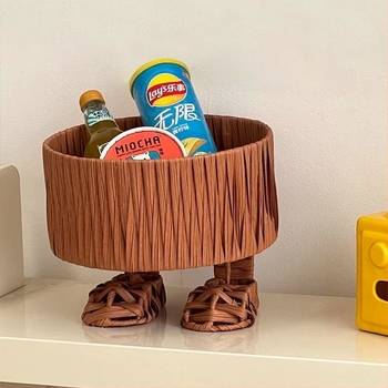 Coș de depozitare din ratan artificial, pentru living, farfurie decorativă pentru fructe, stil drăguț de desene animate, lucrat manual, organizator de gustări pe birou