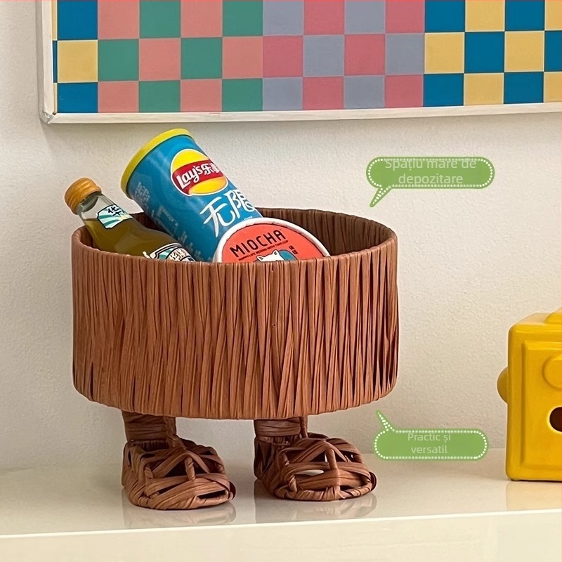 Coș de depozitare din ratan artificial, pentru living, farfurie decorativă pentru fructe, stil drăguț de desene animate, lucrat manual, organizator de gustări pe birou