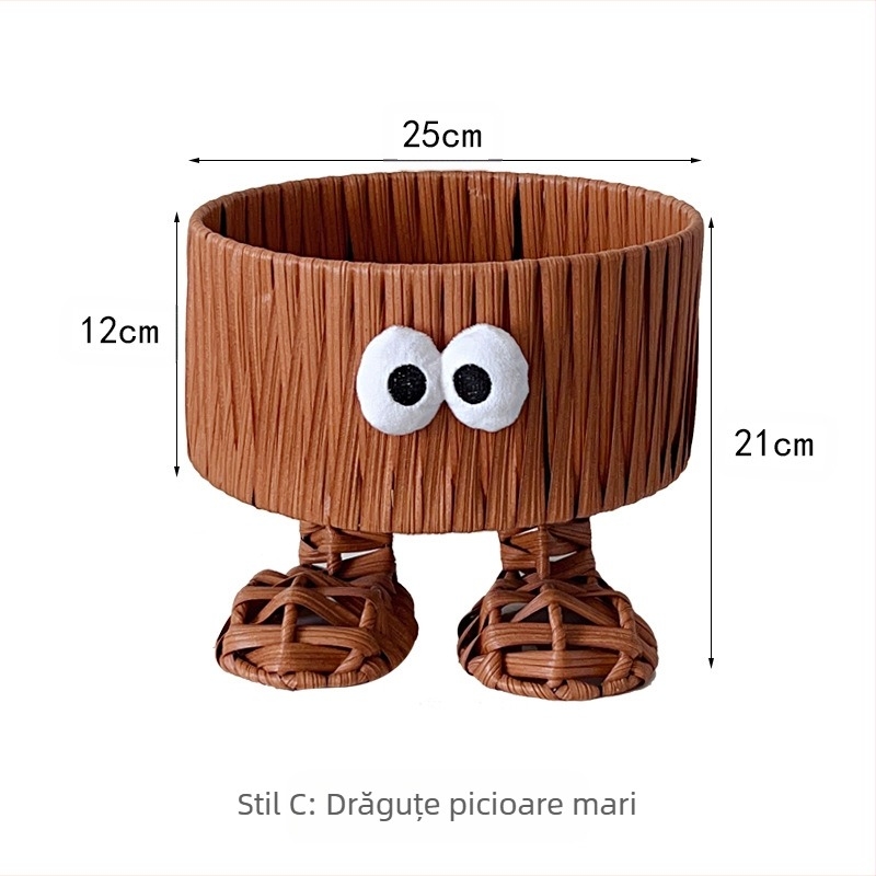 Coș de depozitare din ratan artificial, pentru living, farfurie decorativă pentru fructe, stil drăguț de desene animate, lucrat manual, organizator de gustări pe birou