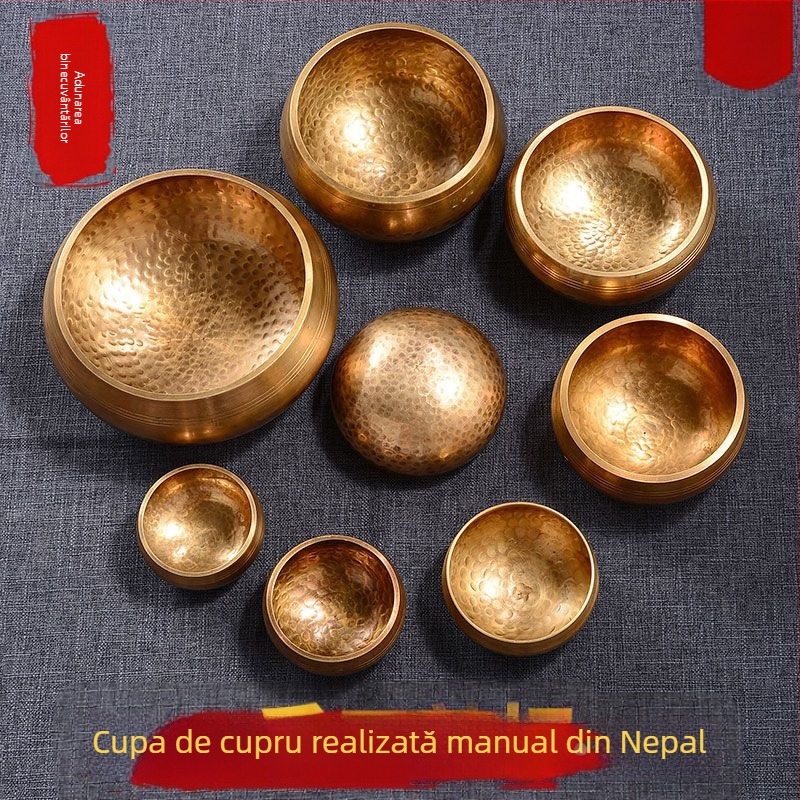 Bol muzical budist din cupru pentru meditație – lucrat manual, 220 g, utilizare religioasă