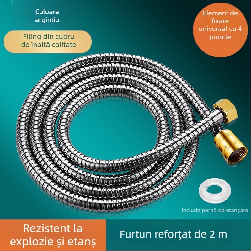 Furtun de duș, model: furtun de duș, material: oțel inoxidabil + metal, montaj: filet, presiune nominală: 6 MPa, temperatură de lucru: 0–80 °C