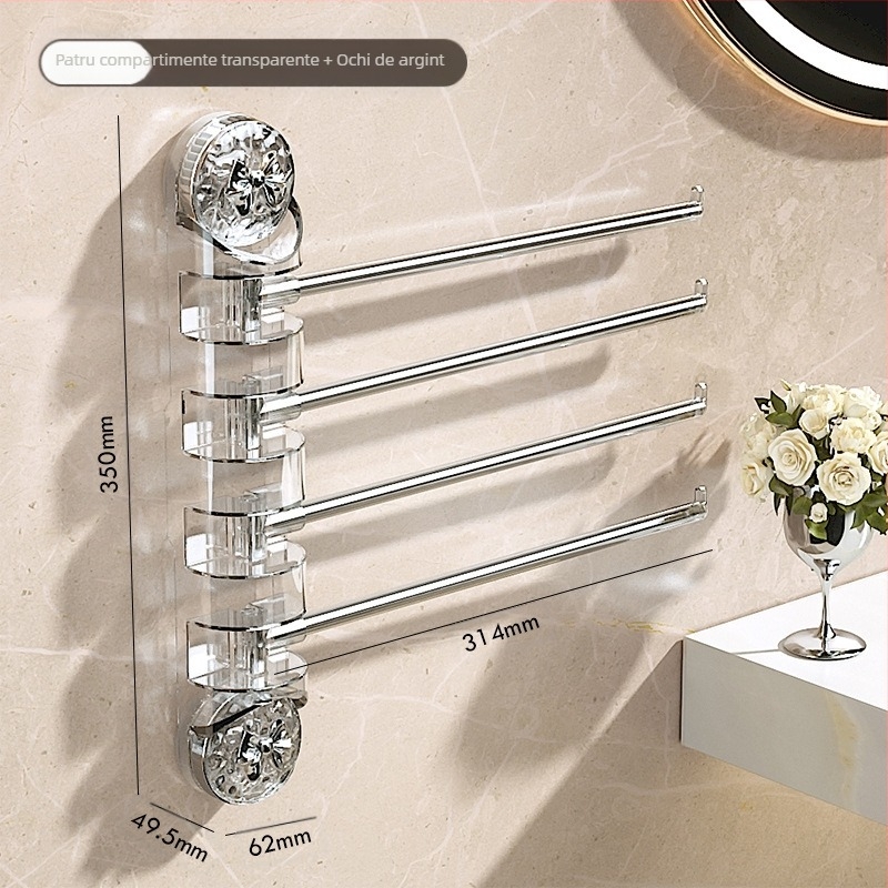 Suport pentru prosoape din oțel inoxidabil, cu ventuză, rotativ, fără găuri, cu brațe multiple