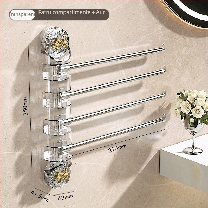 Suport pentru prosoape din oțel inoxidabil, cu ventuză, rotativ, fără găuri, cu brațe multiple