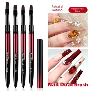 Set pensule pentru unghii, aplicare gel, capete plate, rotunde, pătrate și ovale; set de 4 pensule cu mâner metalic lung; pensă fototerapie