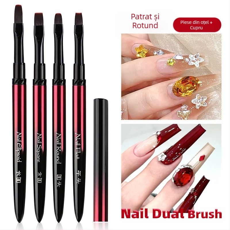 Set pensule pentru unghii, aplicare gel, capete plate, rotunde, pătrate și ovale; set de 4 pensule cu mâner metalic lung; pensă fototerapie