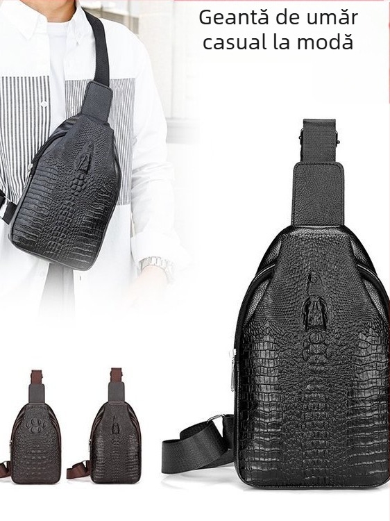 Geantă crossbody pentru bărbați, material PU, impermeabilă, model geometric, căptușeală din poliester