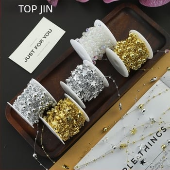 Lanț decorativ cu perle florale - formă de stea, plastic, rolă de 10 m, Shangjin, pentru accesorii DIY