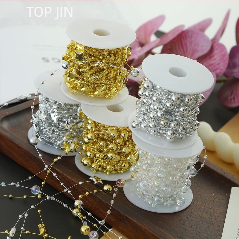 Lanț decorativ cu perle florale - formă de stea, plastic, rolă de 10 m, Shangjin, pentru accesorii DIY