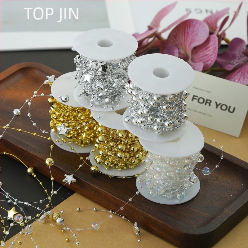 Lanț decorativ cu perle florale - formă de stea, plastic, rolă de 10 m, Shangjin, pentru accesorii DIY