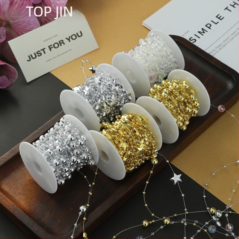 Lanț decorativ cu perle florale - formă de stea, plastic, rolă de 10 m, Shangjin, pentru accesorii DIY