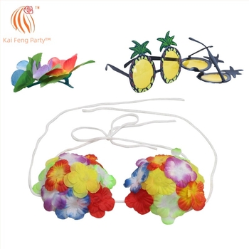 Kaifeng Party Costum Hula Hawaiian pentru plajă - set de 8 piese, fustă din pai, cunună de flori pentru cap și accesorii