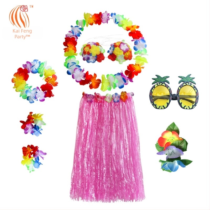 Kaifeng Party Costum Hula Hawaiian pentru plajă - set de 8 piese, fustă din pai, cunună de flori pentru cap și accesorii