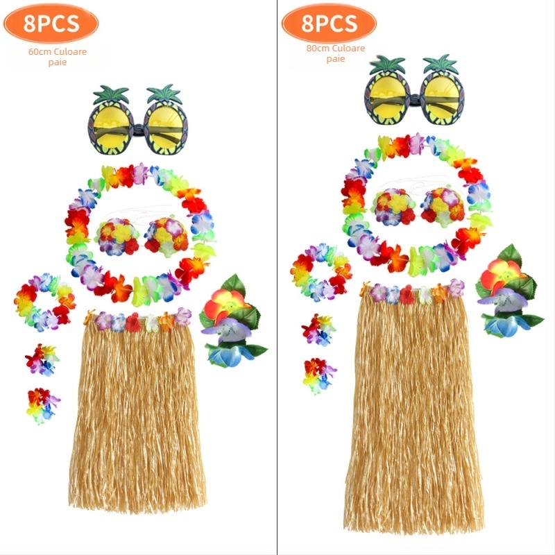 Kaifeng Party Costum Hula Hawaiian pentru plajă - set de 8 piese, fustă din pai, cunună de flori pentru cap și accesorii