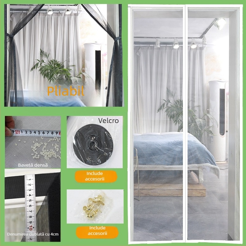 Ușă ecran magnetic cu mâinile libere, perdea anti-țânțari, poliester, pentru living, dormitor și birou, stil modern minimalist, model cu dungi sau culoare solidă