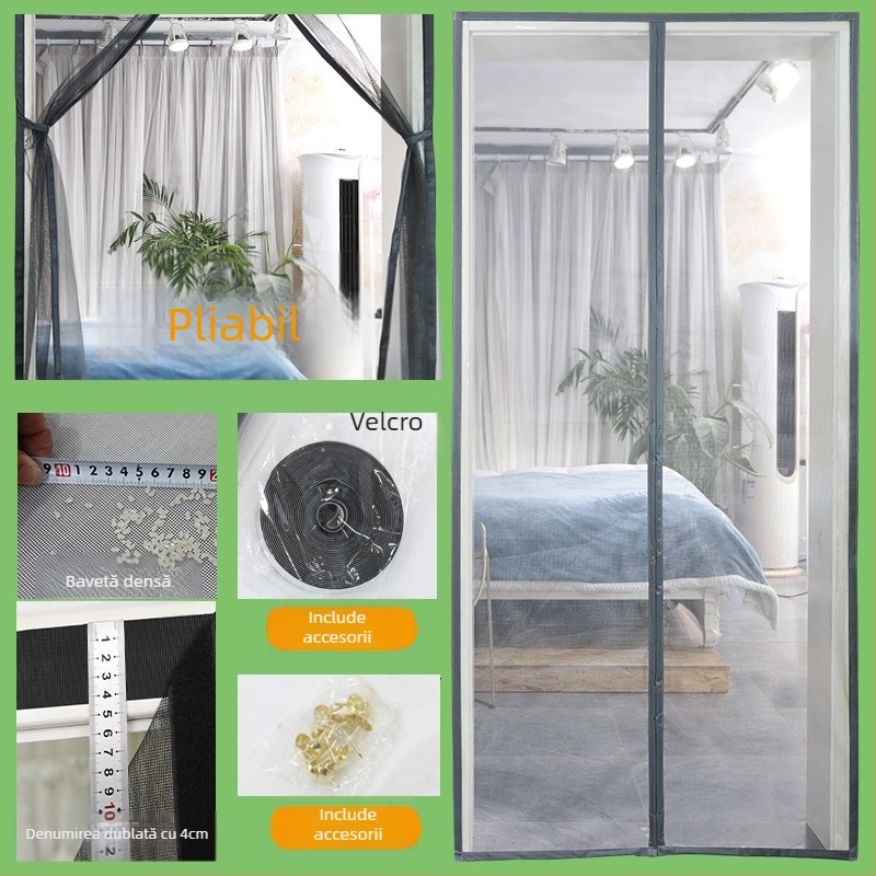 Ușă ecran magnetic cu mâinile libere, perdea anti-țânțari, poliester, pentru living, dormitor și birou, stil modern minimalist, model cu dungi sau culoare solidă
