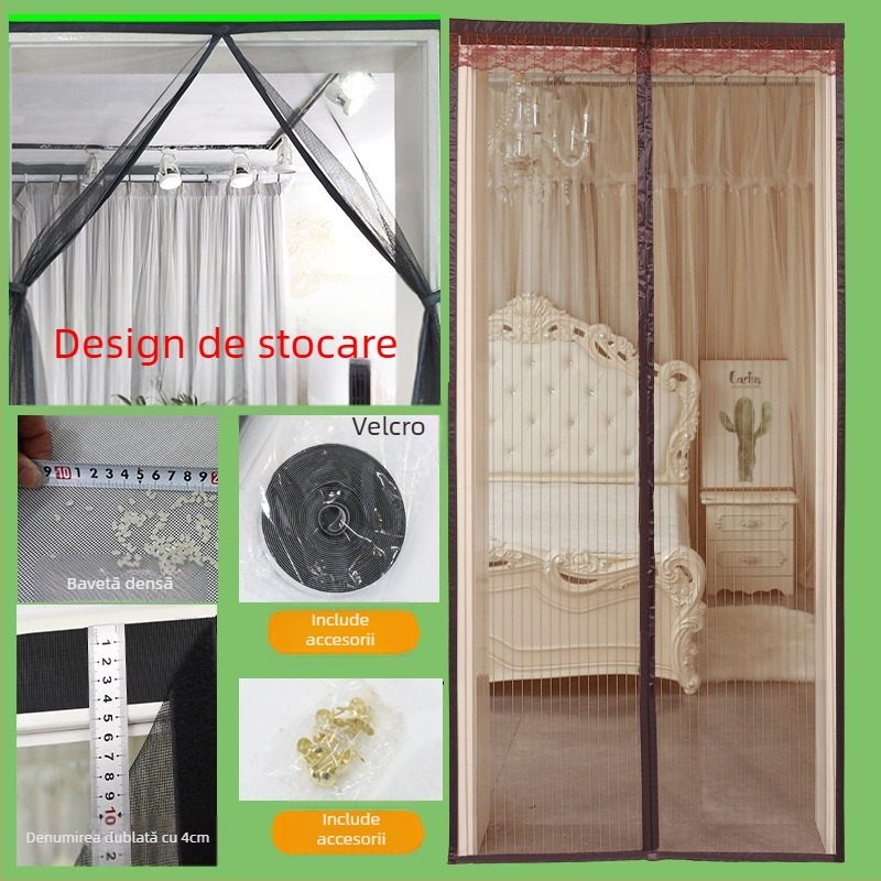 Ușă ecran magnetic cu mâinile libere, perdea anti-țânțari, poliester, pentru living, dormitor și birou, stil modern minimalist, model cu dungi sau culoare solidă