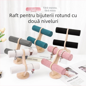 Suport de afișare bijuterii, rotund, din lemn, cu două niveluri, înveliș velur și accente din PU piele