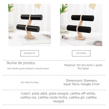 Suport de afișare bijuterii, rotund, din lemn, cu două niveluri, înveliș velur și accente din PU piele