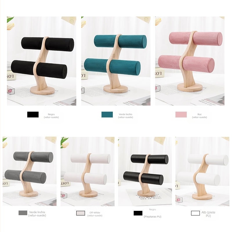 Suport de afișare bijuterii, rotund, din lemn, cu două niveluri, înveliș velur și accente din PU piele