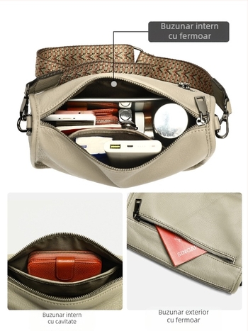 Marunte geantă din piele naturală pentru femei crossbody, stil business, formă orizontală pătrată, fermoar, buzunar pentru telefon