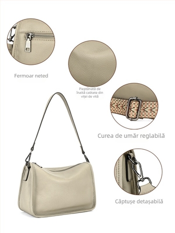 Marunte geantă din piele naturală pentru femei crossbody, stil business, formă orizontală pătrată, fermoar, buzunar pentru telefon