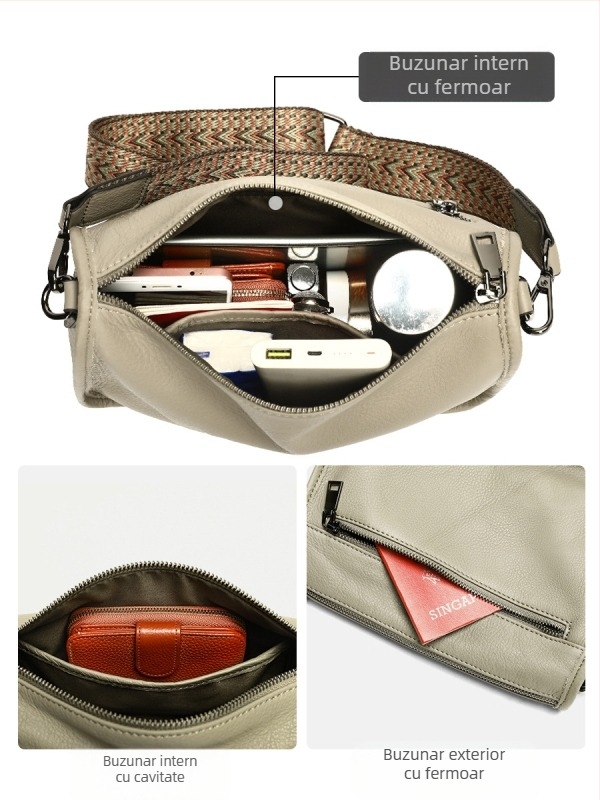 Marunte geantă din piele naturală pentru femei crossbody, stil business, formă orizontală pătrată, fermoar, buzunar pentru telefon