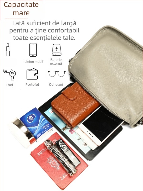 Marunte geantă din piele naturală pentru femei crossbody, stil business, formă orizontală pătrată, fermoar, buzunar pentru telefon