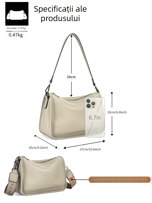 Marunte geantă din piele naturală pentru femei crossbody, stil business, formă orizontală pătrată, fermoar, buzunar pentru telefon