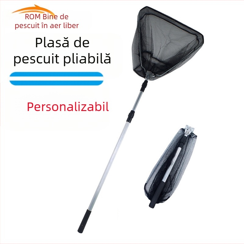 Plasă de pescuit din aliaj de aluminiu, triunghiulară integrată, plasă telescopică pliabilă de mână, cu ochi fin, diametrul gurii 40 cm, adâncime 30 cm, retractabilă
