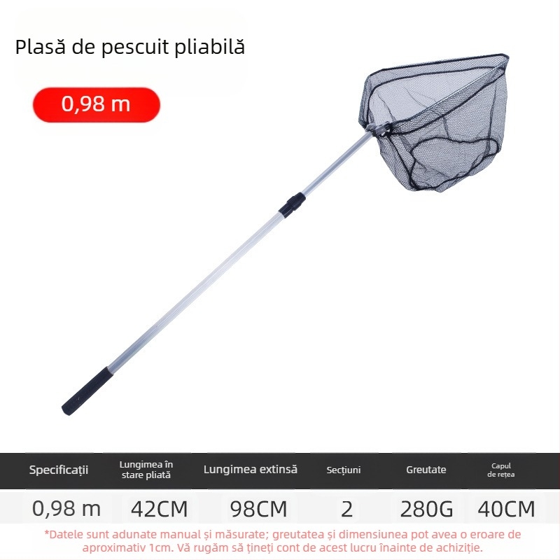 Plasă de pescuit din aliaj de aluminiu, triunghiulară integrată, plasă telescopică pliabilă de mână, cu ochi fin, diametrul gurii 40 cm, adâncime 30 cm, retractabilă