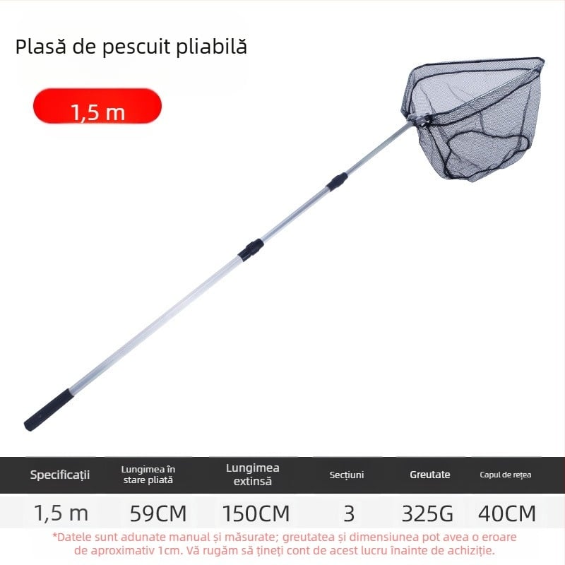 Plasă de pescuit din aliaj de aluminiu, triunghiulară integrată, plasă telescopică pliabilă de mână, cu ochi fin, diametrul gurii 40 cm, adâncime 30 cm, retractabilă