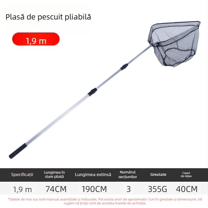 Plasă de pescuit din aliaj de aluminiu, triunghiulară integrată, plasă telescopică pliabilă de mână, cu ochi fin, diametrul gurii 40 cm, adâncime 30 cm, retractabilă