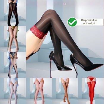 Șosete până la coapsă cu dantelă peacock și luciu — nailon 10D, ultra-subțire, tub lung, monocrom / potrivire cromatică