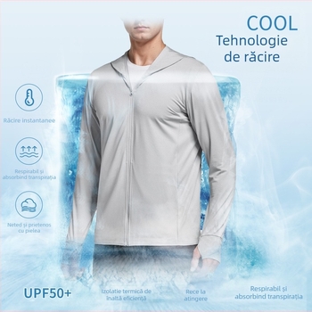Geacă cu glugă pentru drumeții în aer liber, mâneci lungi, protecție UV SPF 50+, poliester, fermoar