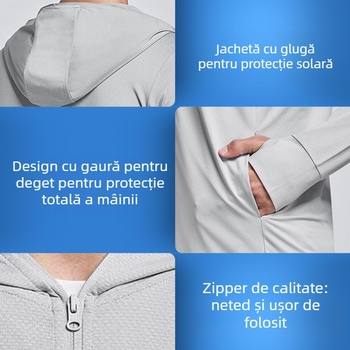 Geacă cu glugă pentru drumeții în aer liber, mâneci lungi, protecție UV SPF 50+, poliester, fermoar