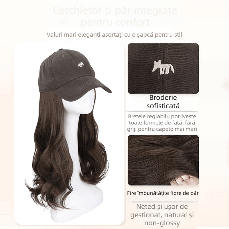 Perucă cu coadă și pălărie brodată cu vulpe, design unic, fibră sintetică rezistentă la temperatură, cu valuri mari, necolorabilă și nepersp, potrivită pentru toate formele feței