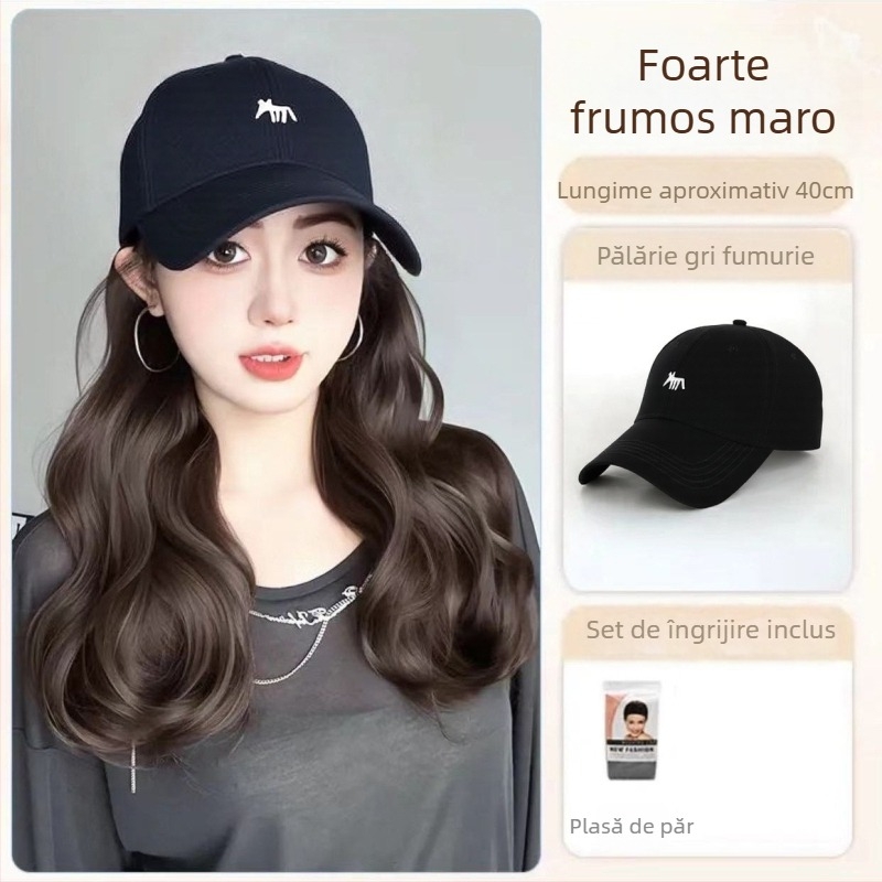 Perucă cu coadă și pălărie brodată cu vulpe, design unic, fibră sintetică rezistentă la temperatură, cu valuri mari, necolorabilă și nepersp, potrivită pentru toate formele feței