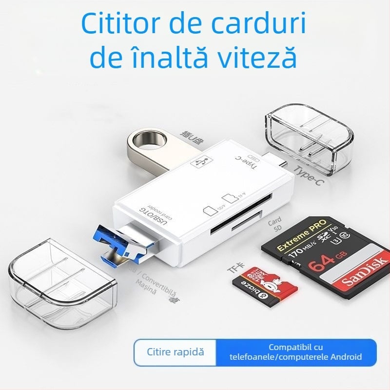 Cititor de carduri USB 6 în 1 – citire rapidă, suport SD/TF, compatibil USB-C/Android, pentru PC