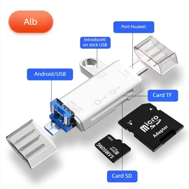 Cititor de carduri USB 6 în 1 – citire rapidă, suport SD/TF, compatibil USB-C/Android, pentru PC