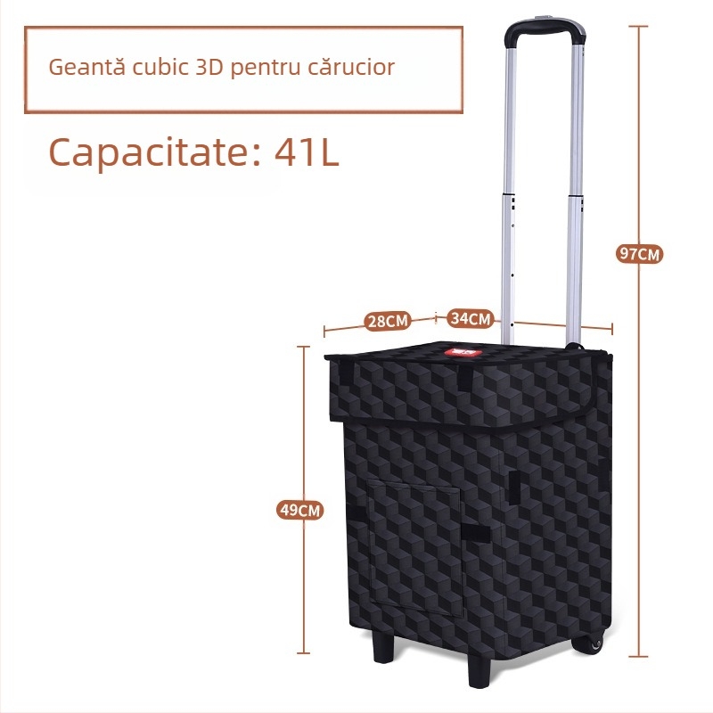 Căruță pliabilă pentru bagaje și cumpărături, cu patru roți, ușoară, portabilă, cu logo imprimat