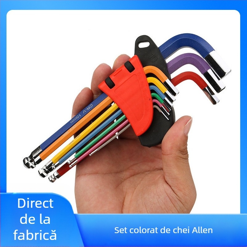 Set de 9 chei Allen cu cap de bilă, pliabile, din oțel crom-vanadiu, hexagon interior