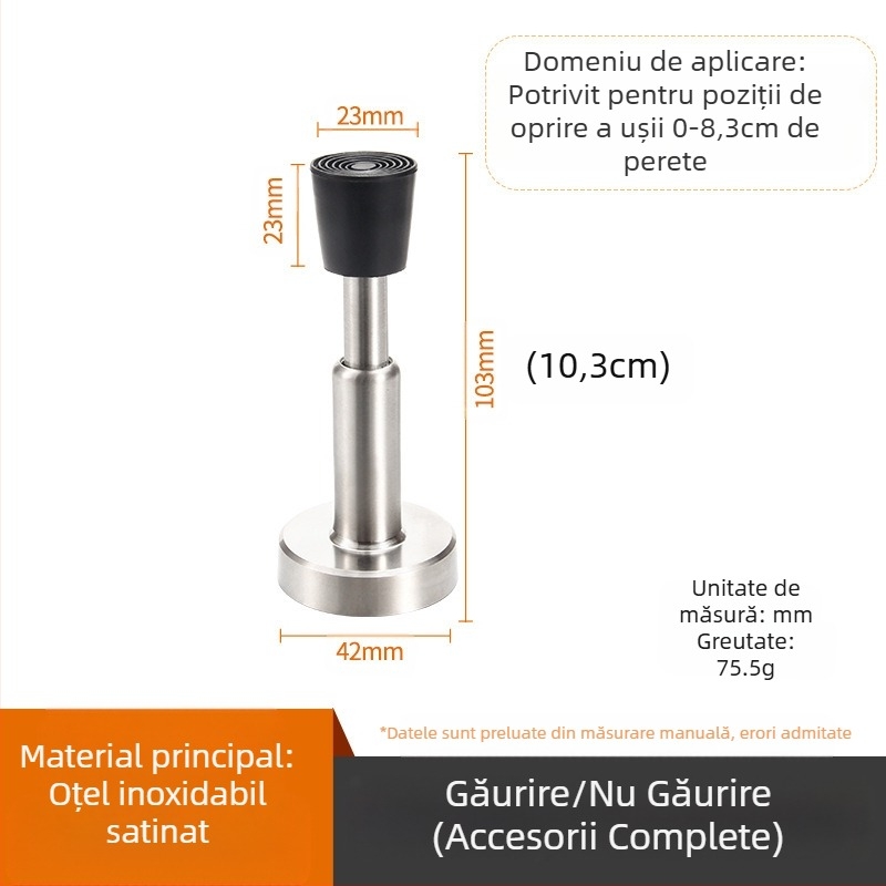 Stopper de ușă din oțel inoxidabil, montat pe perete, anti-coliziune, vârf din cauciuc îngroșat, modelul 008, finisaj lustruit